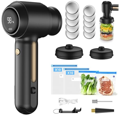 Handheld Mason Jar Vacuum Sealer Kit with 20 Reusable Vacuum Bags, 10 Mason Lids, 3-in-1 Electric Vacuum Sealer, Compact Vacuum Seal Machine, Portable Food Sealer, Ideal Gifts for Mom, Wife (Black)