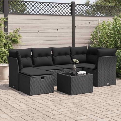 Kaloriko 7-TLG. Garten-Sofagarnitur Schwarz Poly Rattan, Modulares Outdoor Lounge Set mit Stauraum, Glas-Tisch, Kissen, UV-beständig, Terrassenmöbel