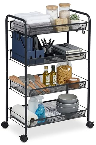 Relaxdays Rollwagen, 4 Mesh-Etagen, Servierwagen, Küchenwagen Bad & Büro, HBT 84x44,5x26 cm, Bastelwagen Metall, schwarz