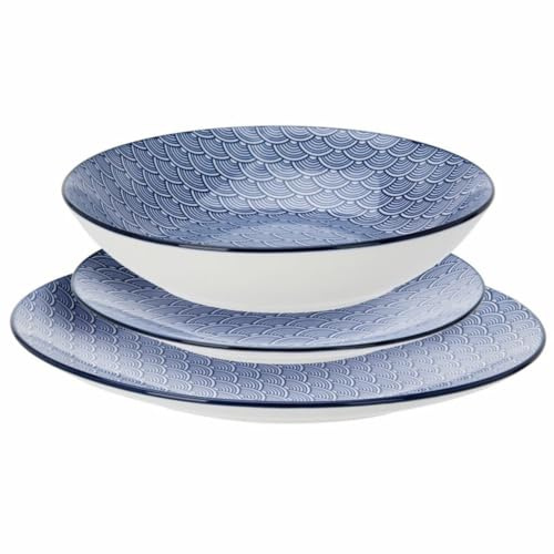 HowHomely Vajilla de 18 piezas de porcelana para 6 personas, juego de platos, color azul, diseño oriental, comedor, postre, plato sopero, moderno, elegante, mesa de cocina