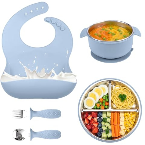 Anluomafuy Coffret Repas Bebe, Vaisselle Antiderapant pour Bébé Set Silicone avec Ventouse Assiette Fourche Cuillère, Assiette Enfant Set, Sans BPA (bleu)