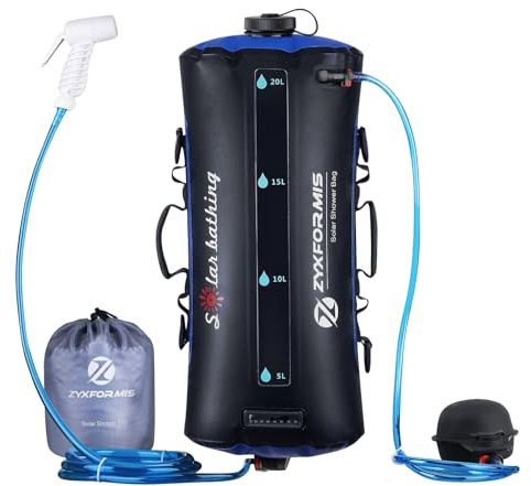 Zyxformis Douche de Camping Portable 20 L avec thermomètre et Pompe à Pied | TPU résistant, poche pliable, fenêtre transparente, double raccord, tuyau amovible, débit réglable, randonnée, plage, animaux