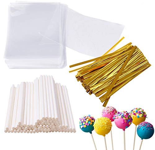 Augshy 300pcs 6 Inches Cake Pops Supplies Cake Pops Making Tools 100Pcs Pops Sticks 100Pcs Bags and 100 Pcs Twist Ties