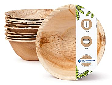 BIOZOYG Palmblatt Geschirr, Schale 100 Stück 275 ml rund - Einweg Suppenteller Salatschale kompostierbar Palmblatt Schale- Einweg Bowl Partygeschirr nachhaltig