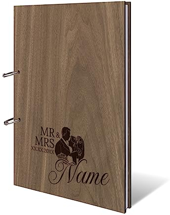Hochzeit Gästebuch Okoume Holz Gravur individuell Holzcover mit 144 Naturpapier Innenseiten DIN A4 hoch 215 x 302 mm - Mr & Mrs