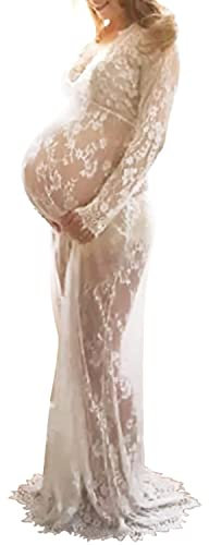 LAEMILIA Robe Maxi Femme Enceinte Bikini Cover UpDentelle Col-V Manche Longue Photographie Robe Longue Mère Enceinte (FR42=Tag XL, Blanc)