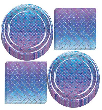 Mermaid Shimmer Party Supplies - Metallic Mermaid Scales Paper Dinner Plates and Napkins (Serves 16)