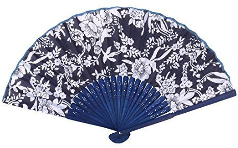 N/A Bamboo Frame Floral Print Summer Party Chinese Stlye Folding Hand Fan Navy Blue