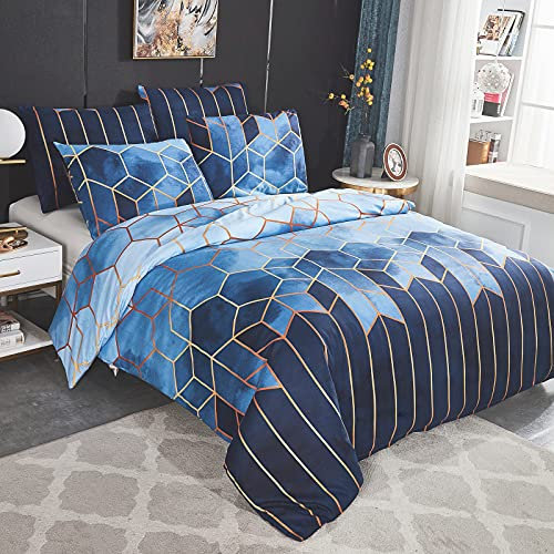 Dencalleus Bettwäsche-Set Geometrisch, 1 x Bettbezug 220x240 cm mit 2 x Kissenbezügen 50x70 cm, Weiche Bedding Set 3teilig Kuschelige Bettwäsche Set mit Reißverschluss, Blau