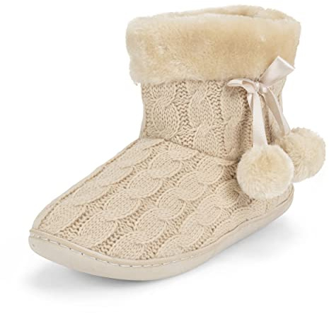 Polar Womens Memory Foam Pom Pom Winter Faux Fur Luxury Plush Cosy Anti Slip Indoor Outdoor Slippers - Cream Knitted - 8 - YC0809_8