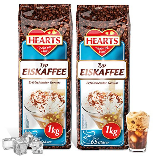 HEARTS Eiskaffee 2 x 1 kg, 65 Tassen pro Beutel, Vorteilspack, Ice Coffee, Erfrischender Genuss, Sommergetränk, Instant Kaffee, Koffeinhaltig, Schnelle Zubereitung, Kaltgetränk, Löslicher Bohnenkaffee