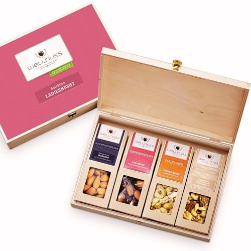 WELLNUSS Geschenkset für Frauen Ladiesnight“ mit edlen Nussmischungen | 4 Premium Snacks in der Birkenholzbox (4 x 60-70 g) I Vegan I Geschenk für Frau, Freundin, Mama I Zum Geburtstag, Muttertag