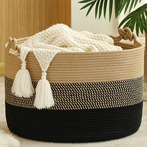 KAKAMAY Großer Deckenkorb (50.8 x 33 cm), gewebte Seilkörbe zur Aufbewahrung von Baby-Wäschekorb, Baumwollseil, Deckenkorb für Wohnzimmer, Wäsche, Kissen, Baby-Spielzeugtruhe (Jute/schwarz)