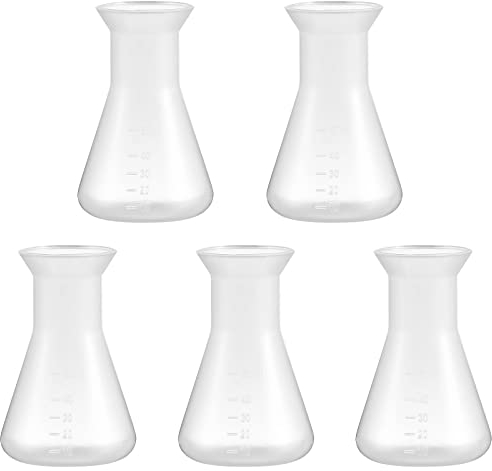 iplusmile 5 Pcs Plastic Flask with Graduations, 50ml Transparent Erlenmeyer Flask, Narrow Neck Conical Flask for Lab Science Experiment