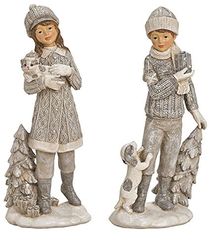 Hochwertige Deko-Figuren 2er Set Winter-Kinder Mädchen & Junge mit Katze & Hund Weihnachts-Dekoration weiß Silber & grau Weihnachten Weihnachtsschmuck Advent Winter