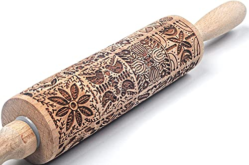 Christmas Rolling Pin,Wooden 3D Rolling Pins Embossed, Embossing Rolling Pin with Engraved Christmas Themed Symbols for Baking Embossed Cookies, Rolling Pin Kitchen Tool (European Fashion)