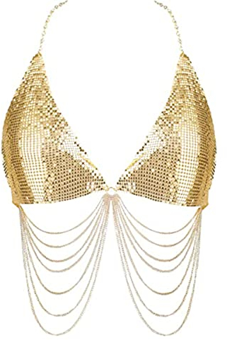 ZHER-LU Pailletten-BH-Kette Women Sparkly Deep V Neck Crop Body Chain Top Tassel Bra Chain for Women - Party Carnival Nightclub Sparkly Body Jewelry (A)
