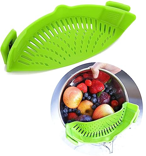 BOBOZHONG Silicone Clip-on Colander,Kitchen Snap Strainer,Pasta Strainer, Strainer Colander,Colander,for Draining Fruit Vegetable Pasta(Green)