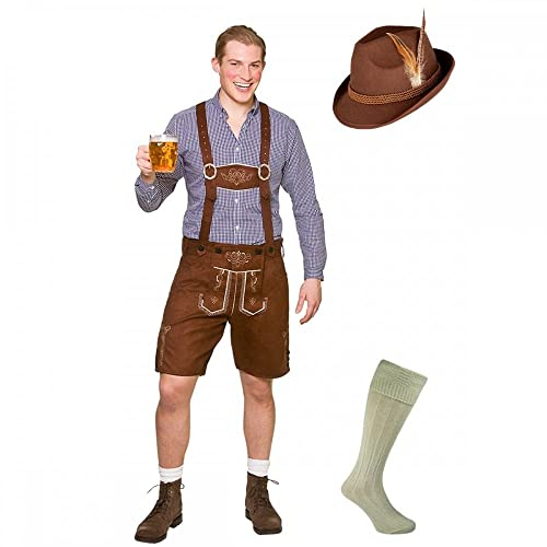 Adult Mens Faux Suede Lederhosen Oktoberfest COSTUME + WOOL BLEND SOCKS + DELUXE BAVARIAN BROWN HAT : Beer Festival Stag Fancy Dress (XXL)