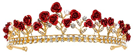 FSSTUD Tiara de rosa roja para novia, corona de cristal, flor dorada, princesa, diamantes de imitación, diadema de perlas para mujeres y niñas