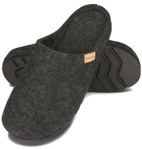 BeComfy Damen Herren Filz Hausshuhe mit Fußbett Unisex-Pantoffeln aus natürlichem Wollfilz Feste Sohle 36-46 EU (Schwarz, 40)