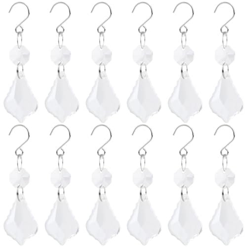 12 Stück Klarglas Kristall Kronleuchter Prismen Ahornblatt Hängende Kristalle Anhänger Teile Ersatz mit Haken für Fenster Kronleuchter Hochzeit Weihnachtsbaum Dekoration