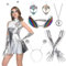 Hpbaggy Alien Kostüm Set,Alien Haarreif Rave Outfit,Alien Stirnband und Brille Handschuhe,Alien Haarreif Alien Brille,Glitzer Alien Haarreif in silver,Damen Verkleidung Erwachsene Kostüm Zubehör