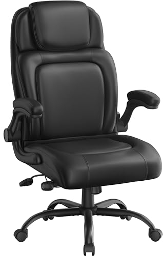 Yaheetech Ergonomischer Bürostuhl, Chefsessel mit hochklappbarer Armlehne, Schreibtischstuhl Drehstuhl mit hoher Rückenlehne, Computerstuhl Wippfunktion, Kunstleder höhenverstellbar Schwarz