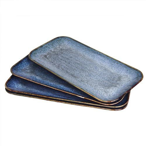 jinsongdafa Ceramic Dinner Plates Set, Set of 4, for Platter Tray Serving Plate - Microwave Oven & Dishwasher Safe,Scratch Resistant,Dinnerware Kitchen Porcelain Serving Dishes,Blue Rectangular