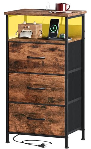 Somdot Table de chevet avec fonction de charge et LED, table d'appoint avec 3 tiroirs en tissu, 2 prises, 2 USB, table de chevet avec cadre en métal, table de chevet pour chambre à coucher, grain de