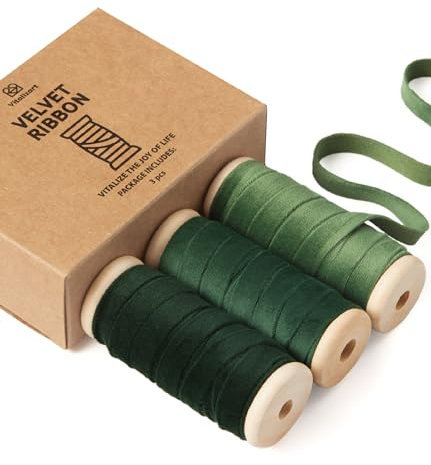 Vitalizart Samtband Set Serie Grün 0,95 cm x 13,7 m mit Hölzernen Spule, Stoffband 3 Rollen*4,57 m für Weihnachten Kranz Dekoration Handgemachte Handwerk Ornamente & Geschenkverpackungen