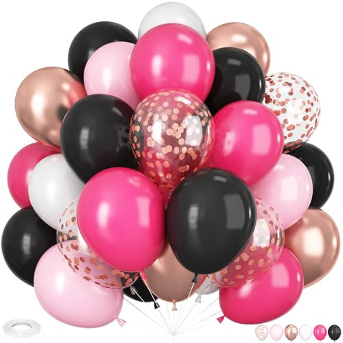 HILAVO Pink and Black Balloons, 60PCS 12 Inch Hot Pink and Black Balloon Rose Gold Confetti Balloons for Hot Girls Women Birthday Party Baby Bridal Shower Party Decorations