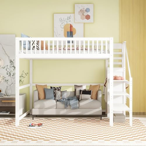 Idemon Hochbett 140x200 mit Treppe, weißes Kinderbett aus Holz mit Aufbewahrungsregal, einfacher Kleiderschrank