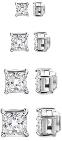 GUTERTOP 4 Paar Magnet Ohrringe Herren, Diamant Edelstahl Quadratisch (5-8 MM)