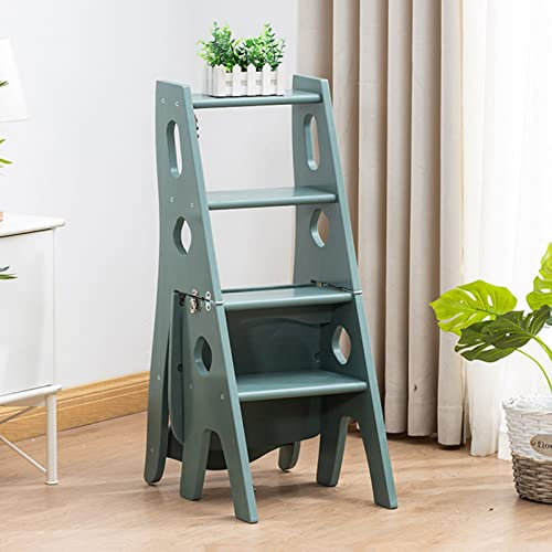 JYHHGDS Combinaison de Chaise échelle à 4 marches, Tabouret échelle en Bois, escabeau Pliant, Chaise d'escalier Multifonction, étagère, Support pour Cuisine, bibliothèque, Bureau, Vert Clair