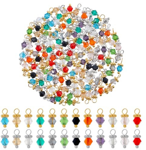 SUPERFINDINGS 144 dijes de cristal facetado de 12 colores, colgantes de cristal facetado, cuentas de piedras preciosas con tapa de cuentas plateadas y doradas para bricolaje