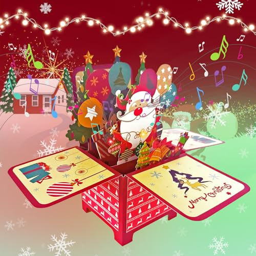 3D Weihnachtskarte Pop Up Weihnachtsbaum mit Lichtern und Musik,Grußkartenhalter Christmas Tree Pop Up Weihnachtskarte,LED Licht Weihnachten Karte für Kinder,Freundin und Familie (Rot)