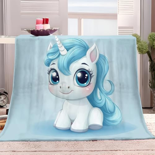 Kuscheldecke 130x150 cm Blaues Einhorn Sherpa Decke für Couch, Sofa, Bett, Reisen, Weiche Flauschige Mikrofaser Fleecedecke, Flanell Wohndecken für Kinder Baby