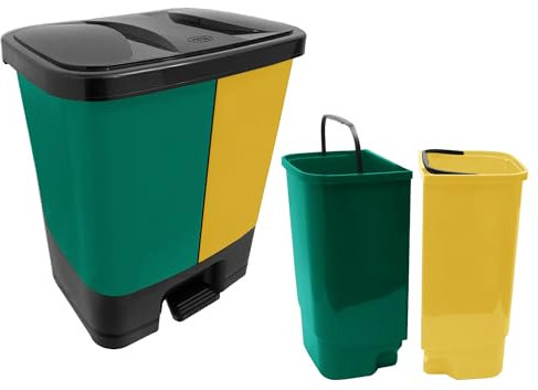 Plastic Twin Bin - Dual Compartment 37L Double Rubbish Bin with Foot Pedal (2x 18.5L) - Green & Yellow Rectangular Trash Can Waste Separation Recycling Bins for Kitchen Home, Office