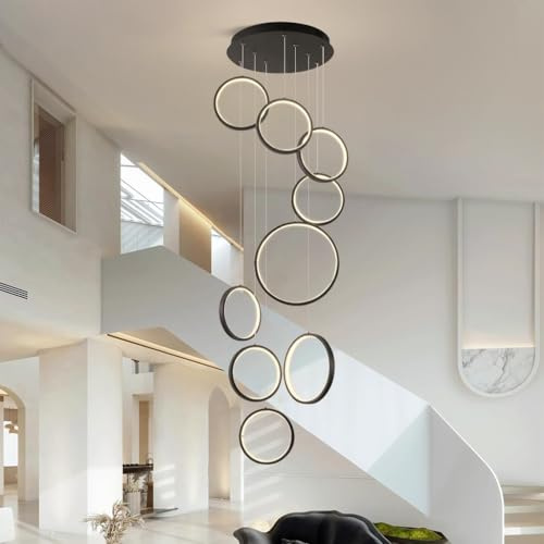LED Pendelleuchte Treppe 86W Modern Kronleuchter 9 Lights Dimmbarer Aluminium Hängeleuchte Für Villa HöHenverstellbarer Luster Pendellampe Für Hotel High Living Room Innenleuchte Lampe (9 lights)