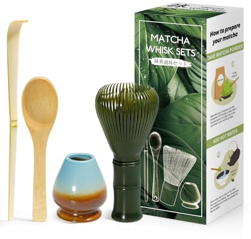 Kit da Cerimonia giapponese Matcha 4 Pezzi, Frusta Matcha Verde in Resinoso, Cucchiaio in Bambù, Paletta in Bambù, Porta Frullino, Matcha Set per la bevanda - Blu caffè sfumato