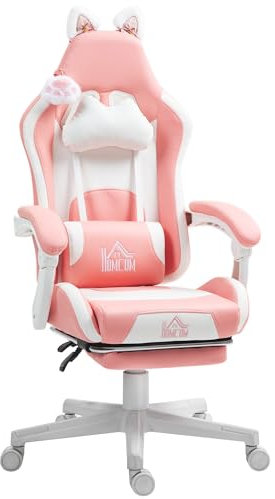 HOMCOM Silla Gaming con Orejas Silla Gamer Reclinable 135° con Altura Ajustable Reposapiés Retráctil Soporte Lumbar y Reposacabezas Desmontable Silla para Oficina Estudio Rosa
