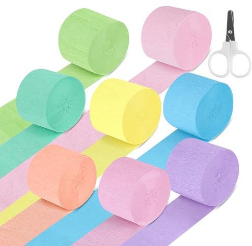 8 Rollen Krepppapier Bunt, 8 Farben Crepe Papier, Regenbogen Kreppbänder, Kreppband Basteln mit 1 kleinen Schere für Hochzeiten, Geburtstage, Partys Dekoration (4,5cm x 25m)