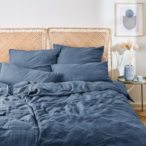 Blumtal Musselin Bettwäsche 4-teilig: 2X 135x200 cm + 2X 80x80 cm - Oeko-TEX zert. Bettwäsche Musselin aus 100% Baumwolle - weiches Bettwäsche-Set waschbar bei 40 °C - Sommerbettwäsche Dunkelblau