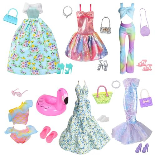 21 vestiti 1 gonna floreale verde 1 vestito camisole rosa 1 top pantaloni 1 abito floreale con scollo appeso 1 abito sirena 1 costume da bagno per bambole da 11,5 pollici regalo