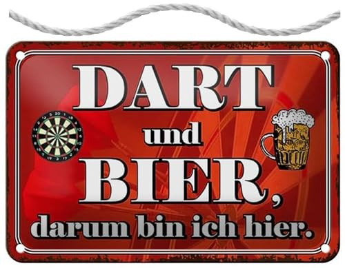 Blechschild mit Kordel 18 x 12 cm Dart Schild: Dart und Bier darum bin ich hier - Blechemma