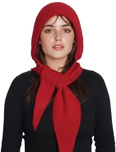 PuTian Hooded Scarf for Women Hat Scarf Set 2 In One - Soft Warm Knitted Neck Wear for Winter Cold Weather Neck Warmer (RED)
