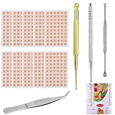 600 Stück Akupressur Ohr Perlen Akupunktur Kit, Ohraufkleber Kit mit Ohrsamen, Akupunktur Sonde Stift, Ohr Punkt Tabelle, Ohr Reinigung Werkzeuge, Pinzette