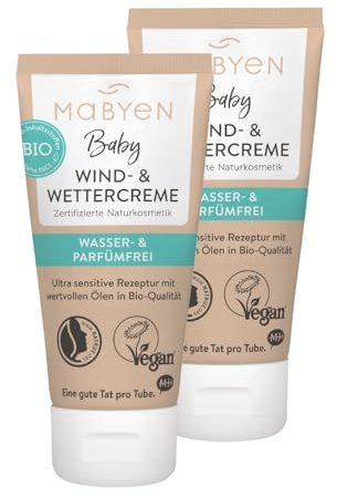 MABYEN Wind- &Wettercreme, parfüm- & wasserfrei, ÖKO-TEST Sehr gut, 2x25 ml | 2er Pack Babycreme Körper und Gesicht, zert. Naturkosmetik, vegan, ultra sensitiv & parfümfrei, Wasserfrei und 100% Ölbasiert
