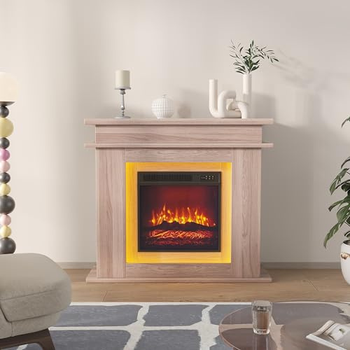 Elektrokamin, Elektrischer Standkamin Mit Heizung, Kamin Elektrisch, 3D Flammeneffekt, LED Ambientelicht, Timer, Kaminkonsole, Fernbedienung, Elektrisch Kaminfeuer Kaminofen (Eiche)